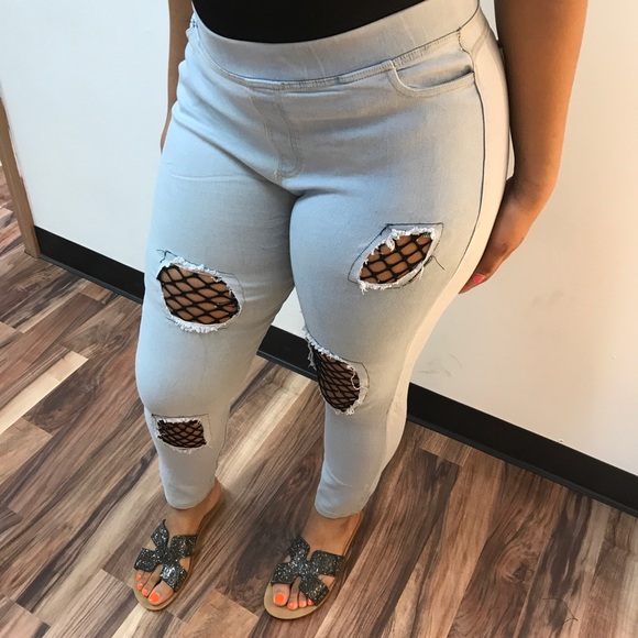 ‼️ Black Net Insert Waist Band Jean Jeggings - Picture 7 of 8